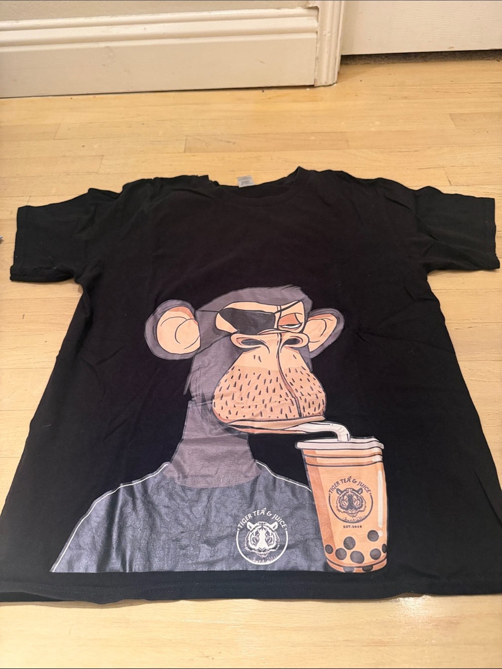 Gildan Black Short Sleeve T‑Shirt with Monkey Bubble Tea Graphic